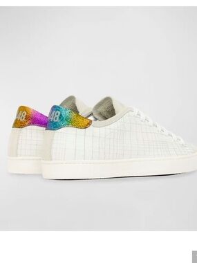 [P448] Johnny White Leather Low-Top Sneakers with Rainbow Heel Tab (Size 38)
